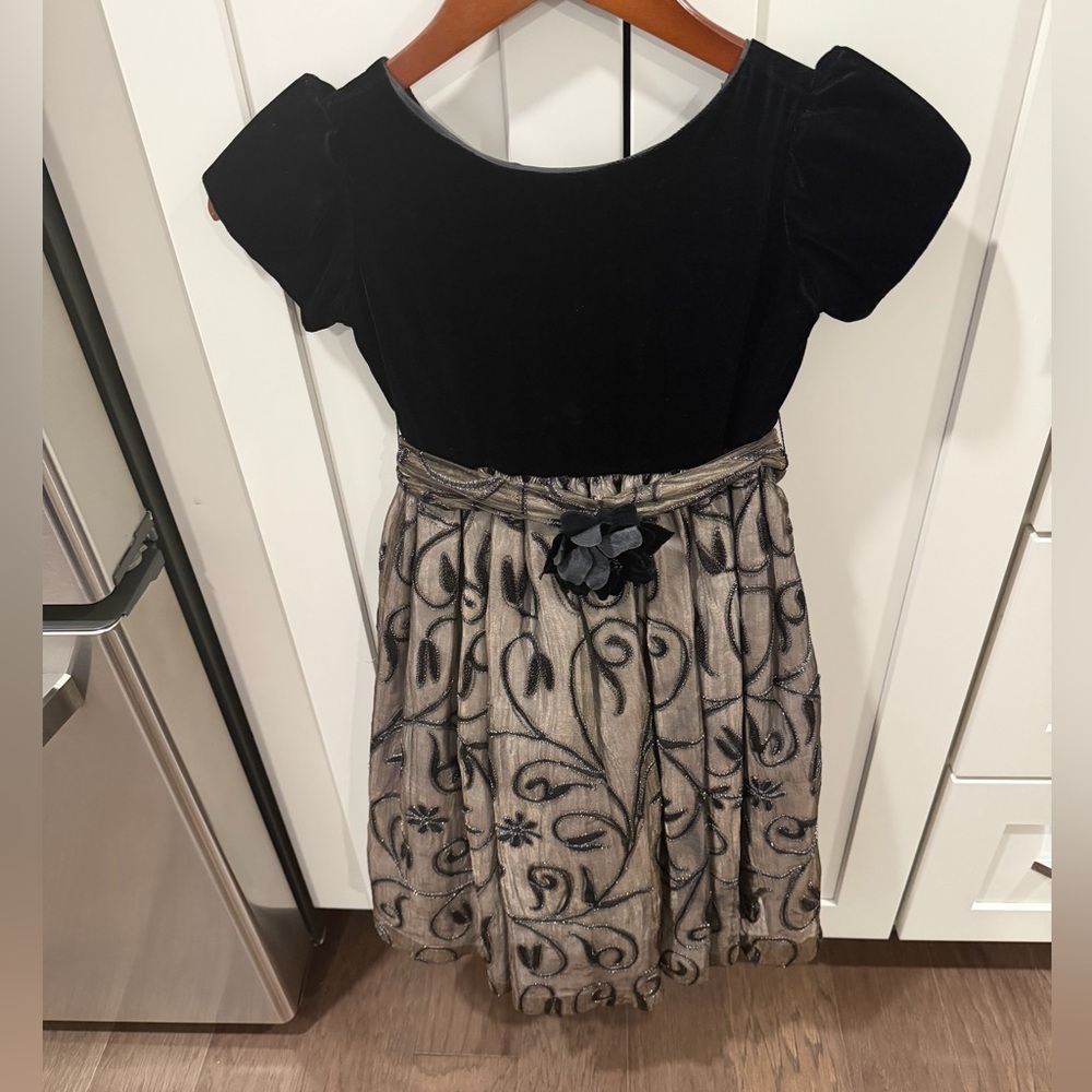 Girls' Black Velvet Top with Gold Swirl Skirt Party Dress